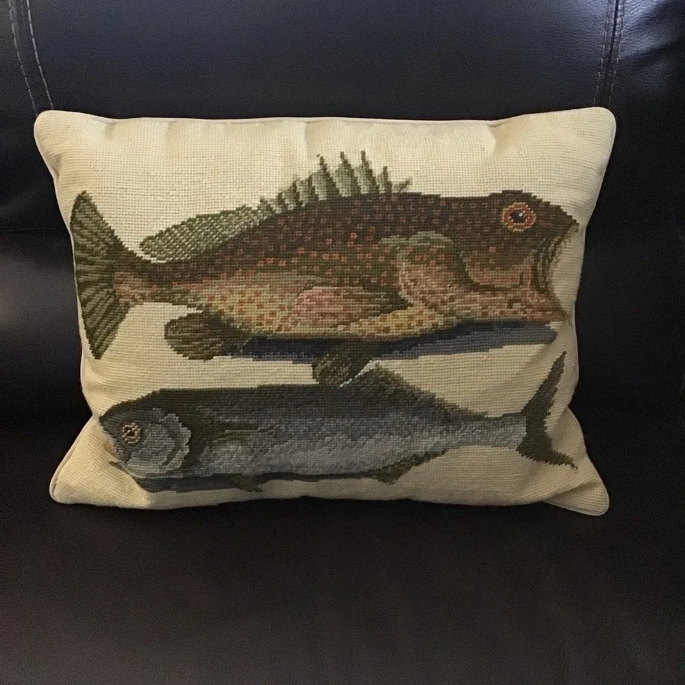 Needlepoint Throw Pillow Two Fish Bahamas Mark Catesby 16x20 Wool Velvet Zip Sea
